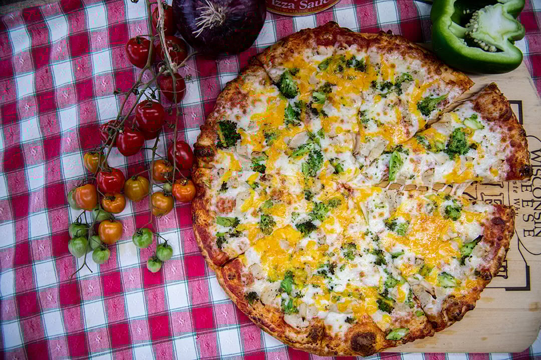 Medium | Chicken Broccoli Pizza.